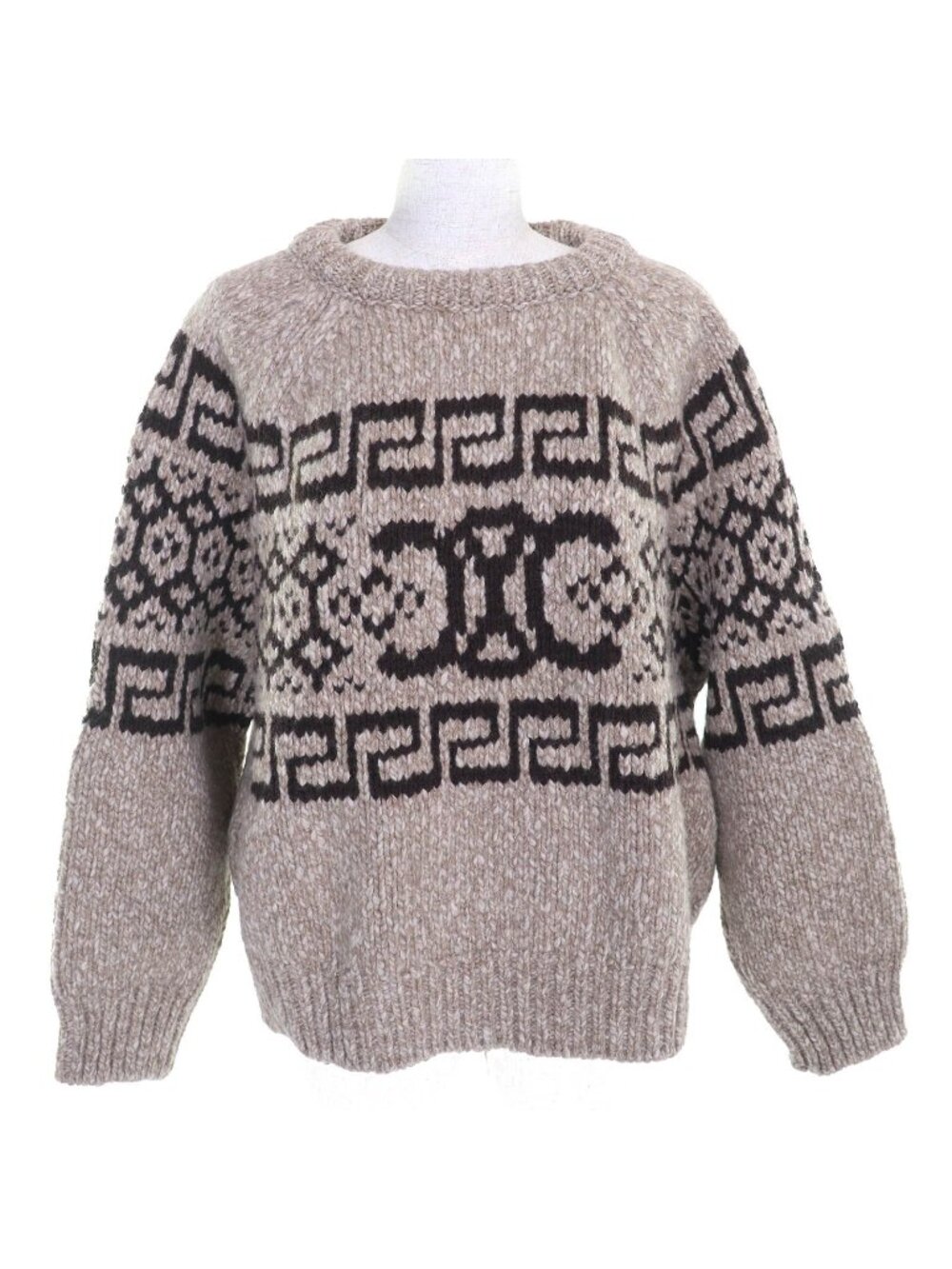 Celine Wool 100% Triomphe Crew Neck Long Sleeve Knit Sweater Brown